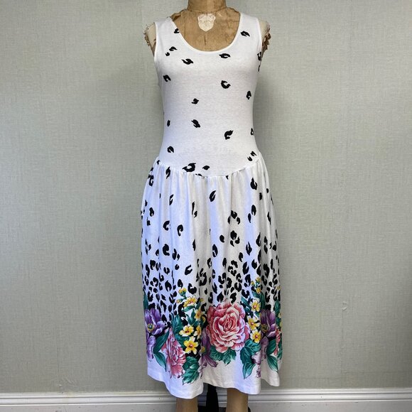 EUC Vintage 1980s Timely II Animal Print Floral Drop Waist Sun Dress 14 Large - Picture 1 of 5